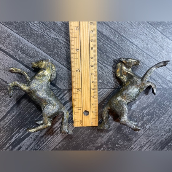 Vintage Cast Metal Black Gold Bronze Standing Horses Set of 2 Signed by Artist M - Picture 8 of 11